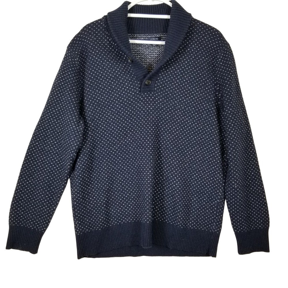 J.Crew Mens Navy Birds Eye Lambswool Blend Shawl Collar Pullover Sweater Large